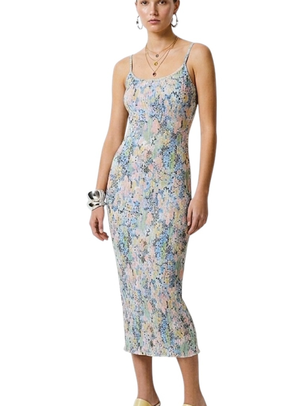 Design Lab Lord + Taylor plisse stretchy bodycon floral midi slip dress XS